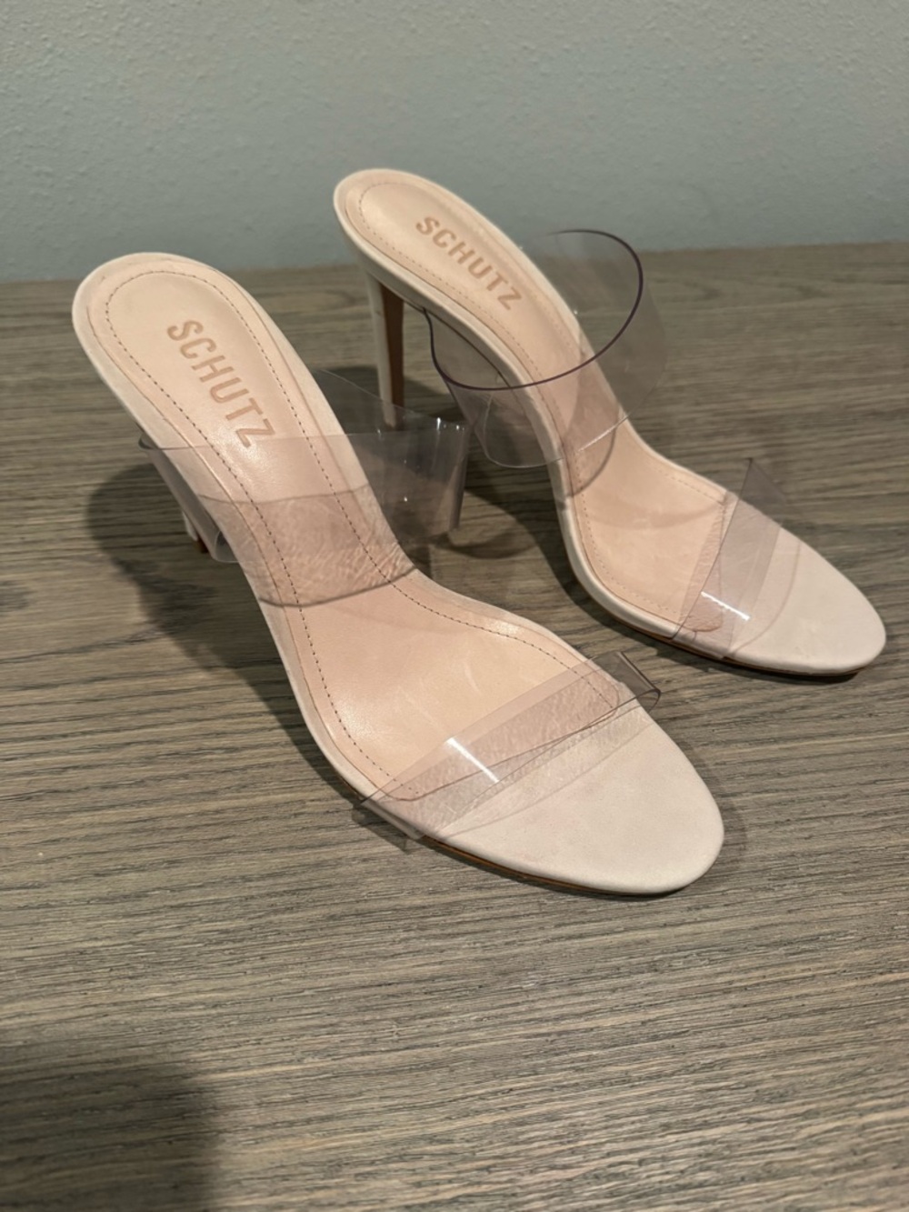 SCHUTZ Blush Nude Clear Strap Stiletto Heels
